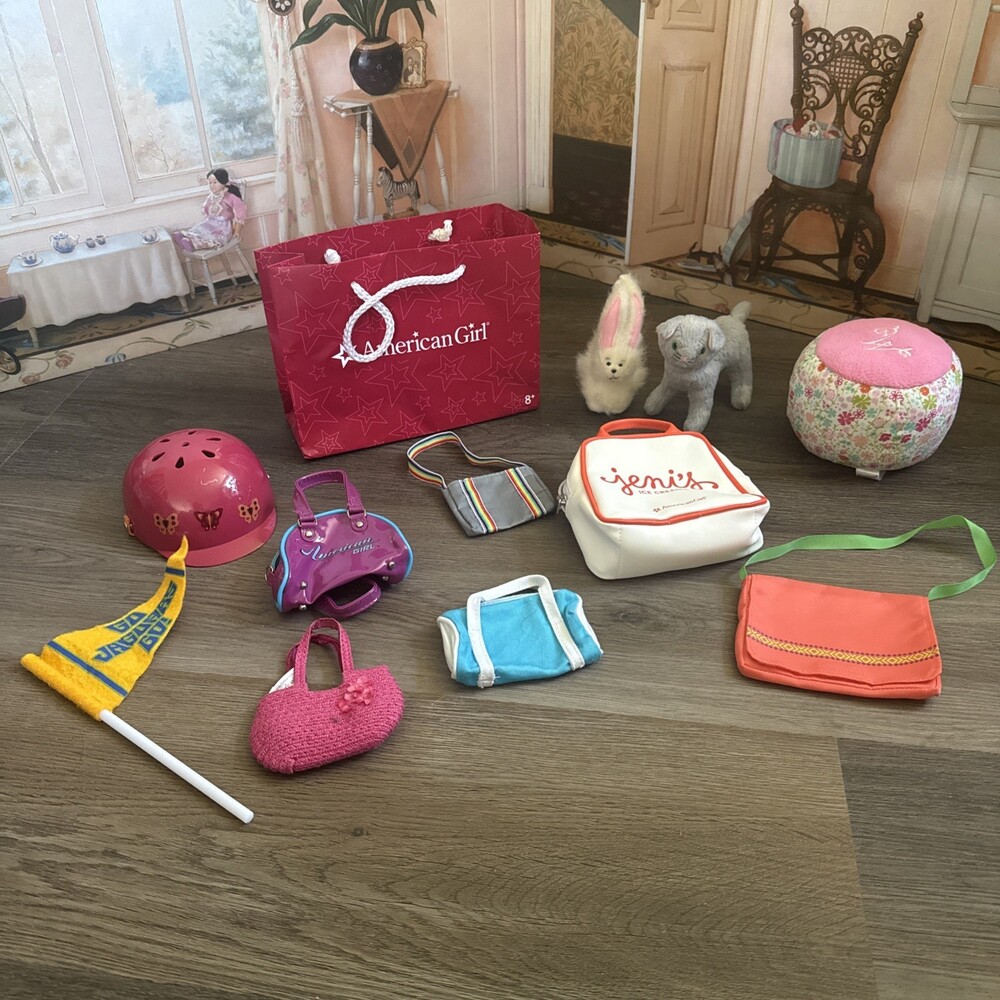 American Girl Doll & OG 12pc Accessories Lot  Bags, Pets, Helmet, & flag